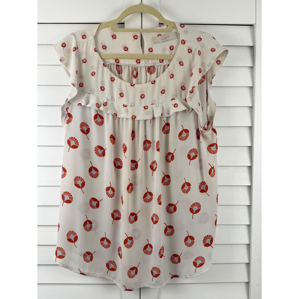 LOFT Ruffle Flutter Sleeve Blouse Women XL Ivory Floral Print